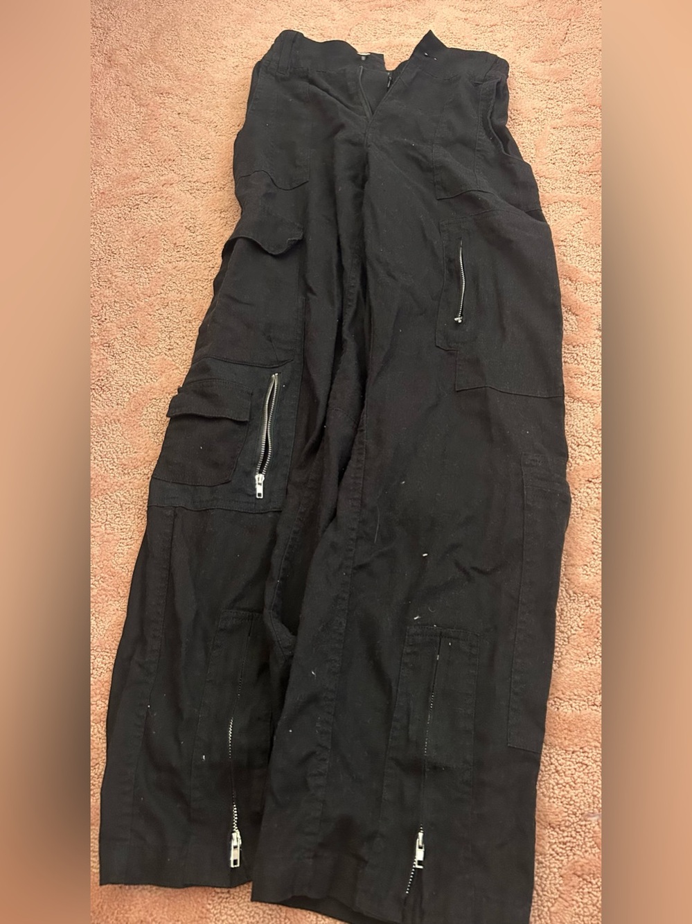 Women’s Black Linen Cargo Pants with Multiple Zippers